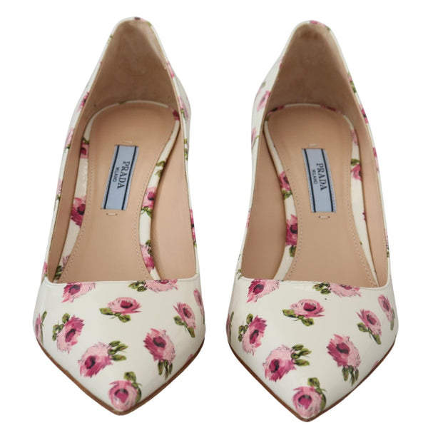 Prada White Leather Floral Heels Stilettos Pumps