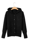 Black Button Up Drop Shoulder Knit Hooded Cardigan