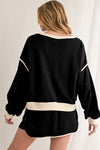 Coffee Contrast Trim Loose Pullover and Lace-up Waist Skort Set