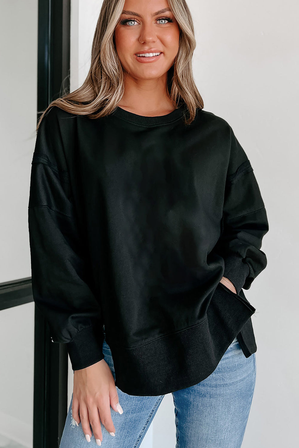 Black Exposed Seam Drop Shoulder Side Slit Sweatshirt