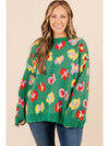 Green Plus Size Floral Knitted Drop Shoulder Sweater