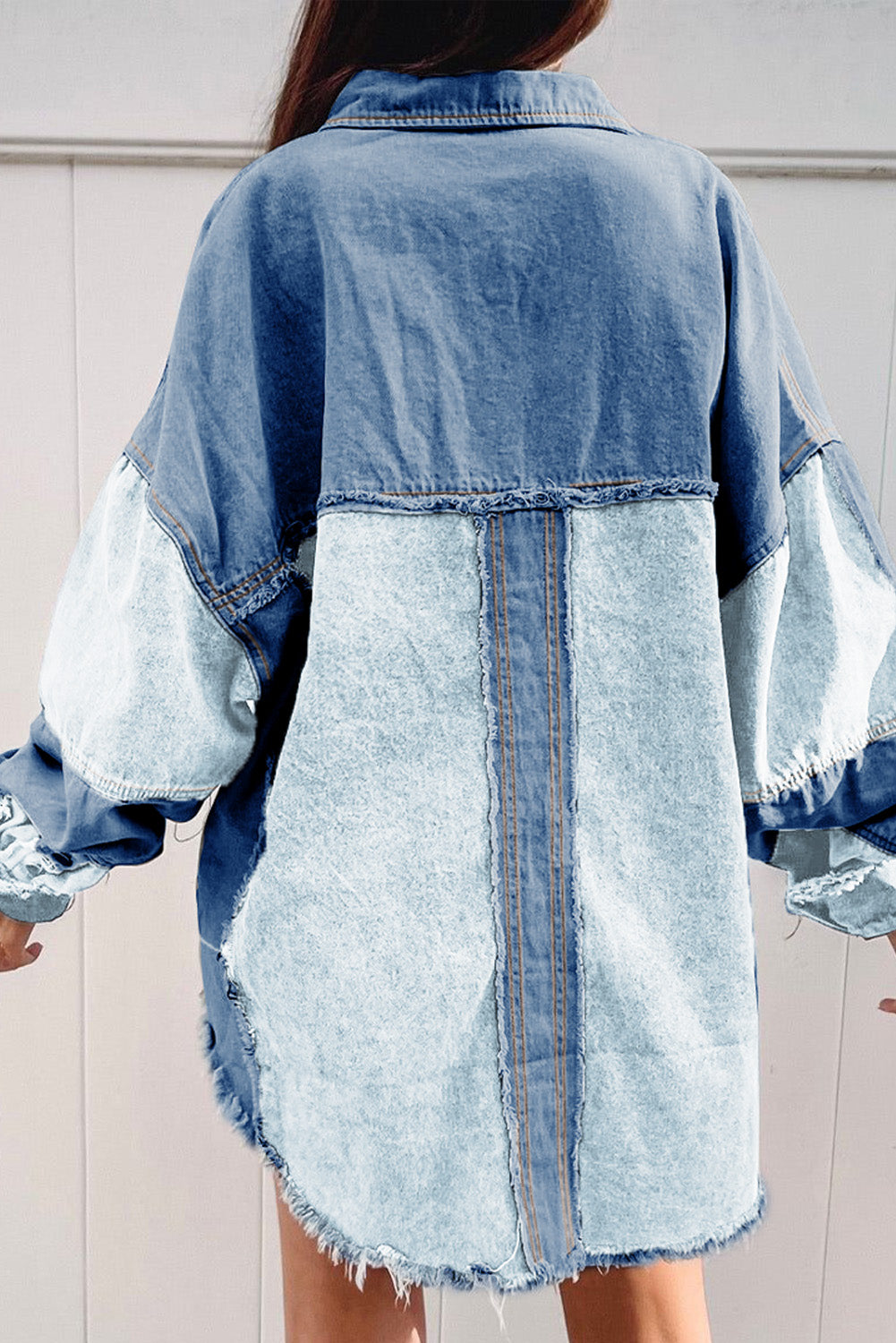 Dark Blue Patchwork Raw Hem Oversized Denim Shacket