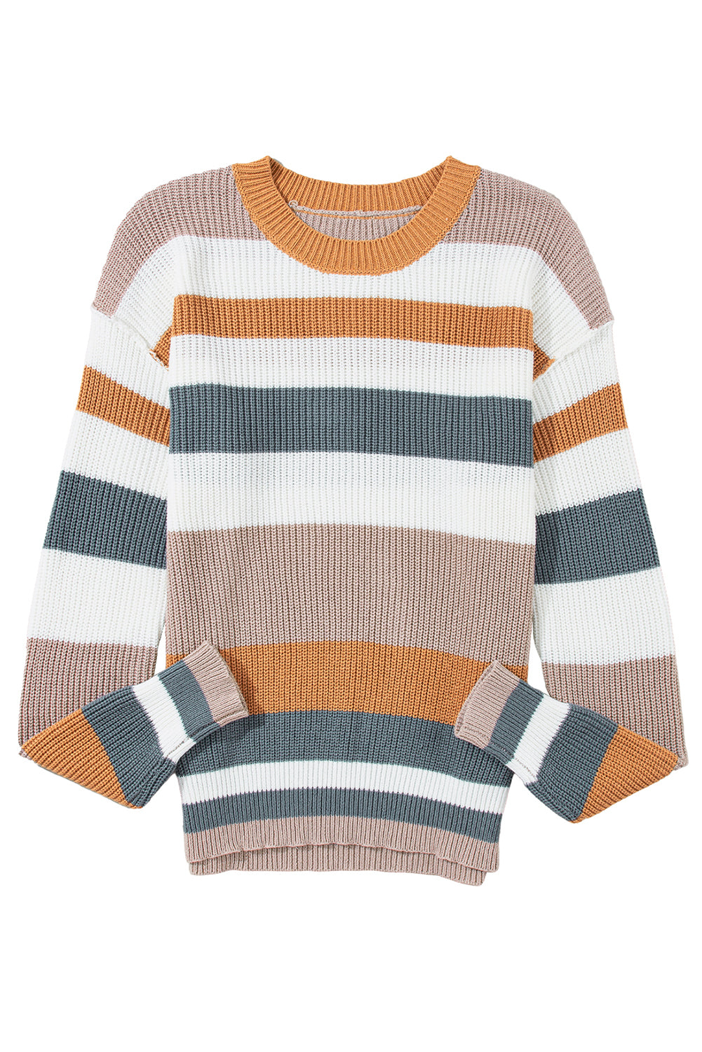 Camel Ribbed Round Neck Color Block Knitted Sweater