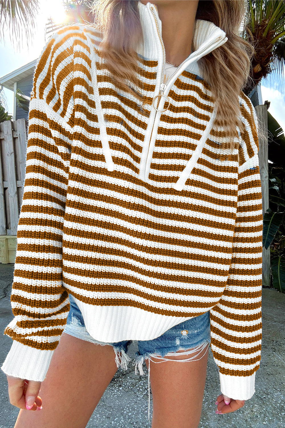 Pink Stripe Zip Up Collar Drop Sleeve Sweater