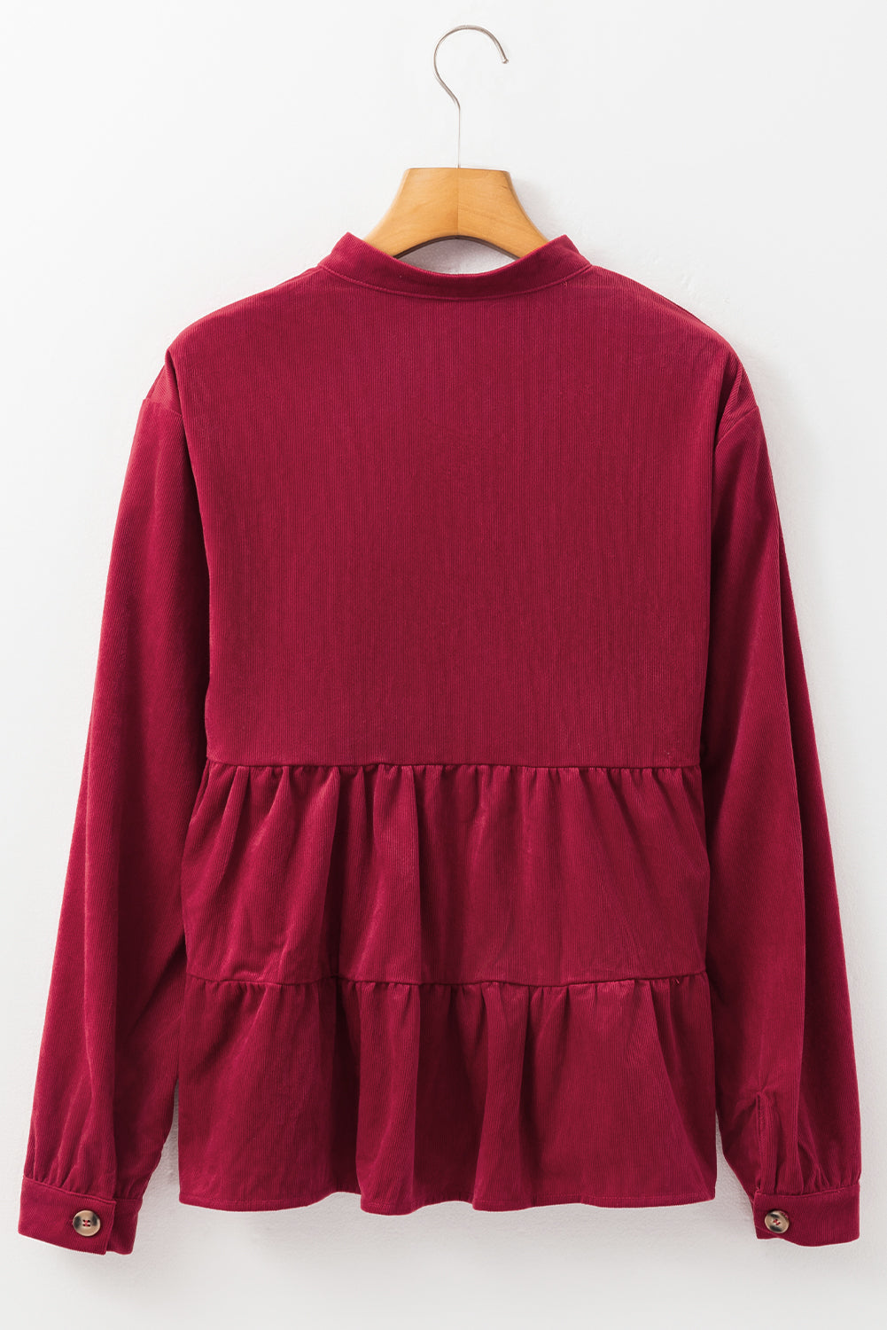 Burgundy Smocked Ruffle Tiered Button-up Shirt