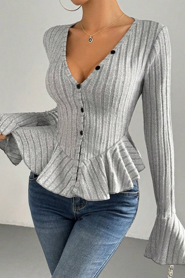 Light Grey Slim Fit Ruffle Hem Ribbed Long Sleeve Top