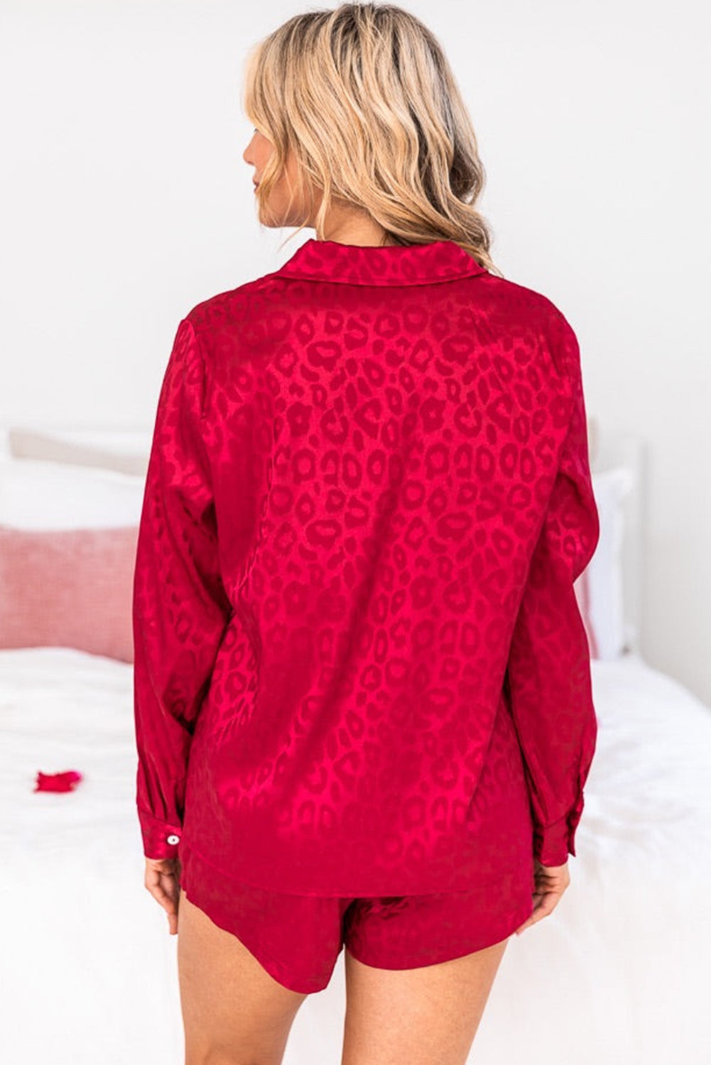 Red Leopard Satin Long Sleeve Top & Shorts Loungewear Set