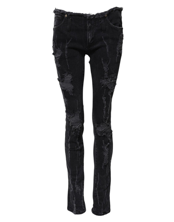 Dolce & Gabbana Black Cotton Tattered Skinny Denim Jeans