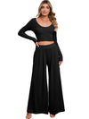 Black Plain Ribbed Crop Top & Wide Leg Pants Two Piece Pants Set