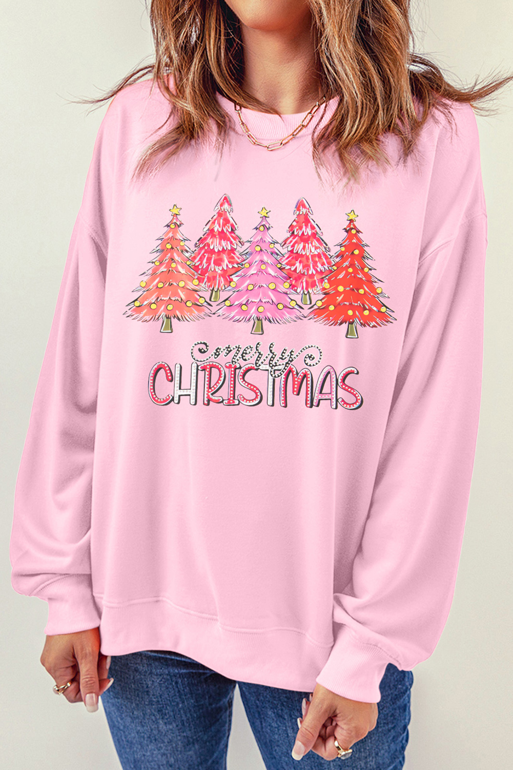 Pink Merry Christmas Tree Graphic Sweatshirt