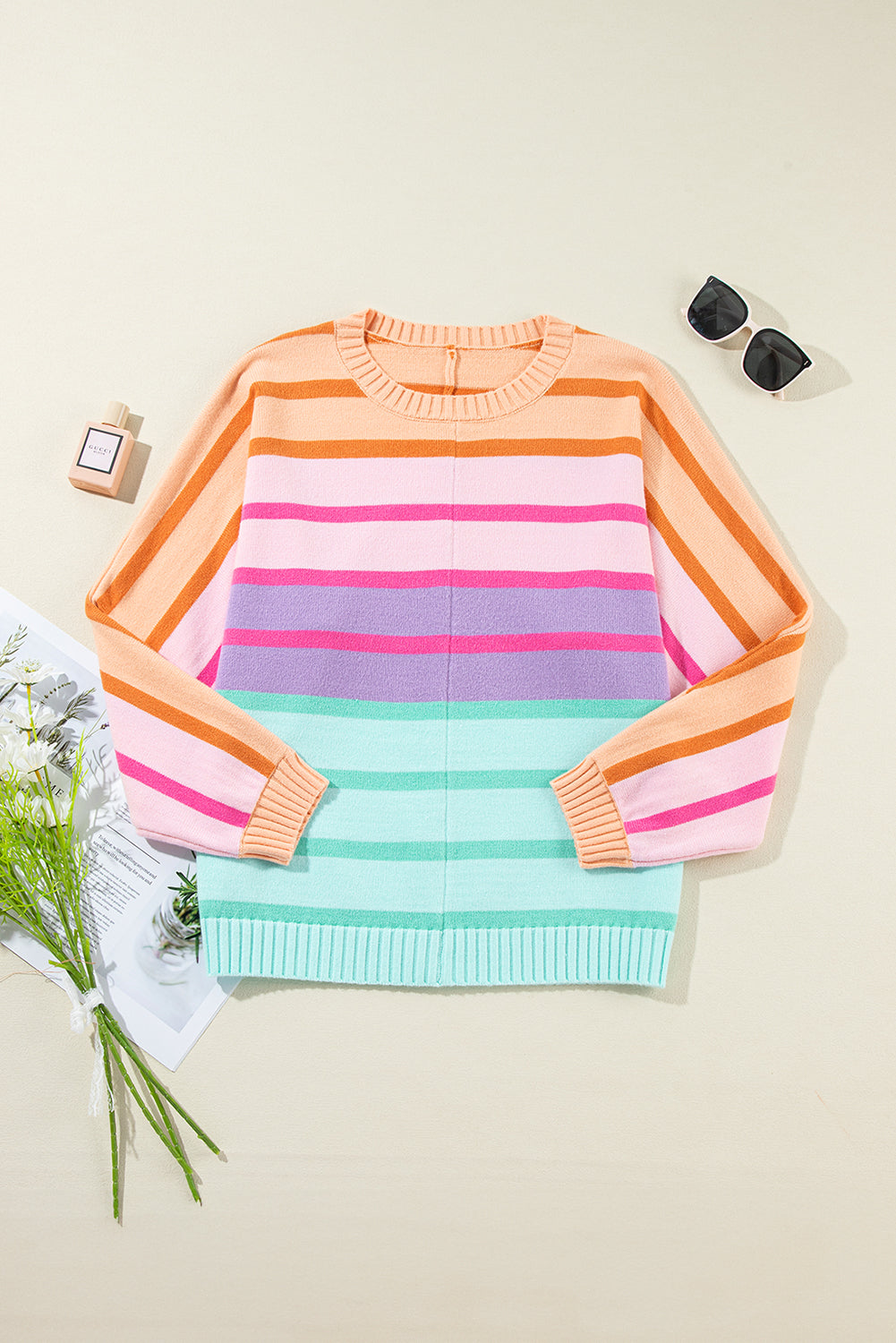 Yellow Striped Ribbed Edge Gradient Loose Sweater