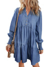 Dusk Blue Smocked Cuff Buttoned Tiered Denim Mini Dress