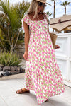 Pink Floral Print Square Neck Ruffled Strap Maxi Dress