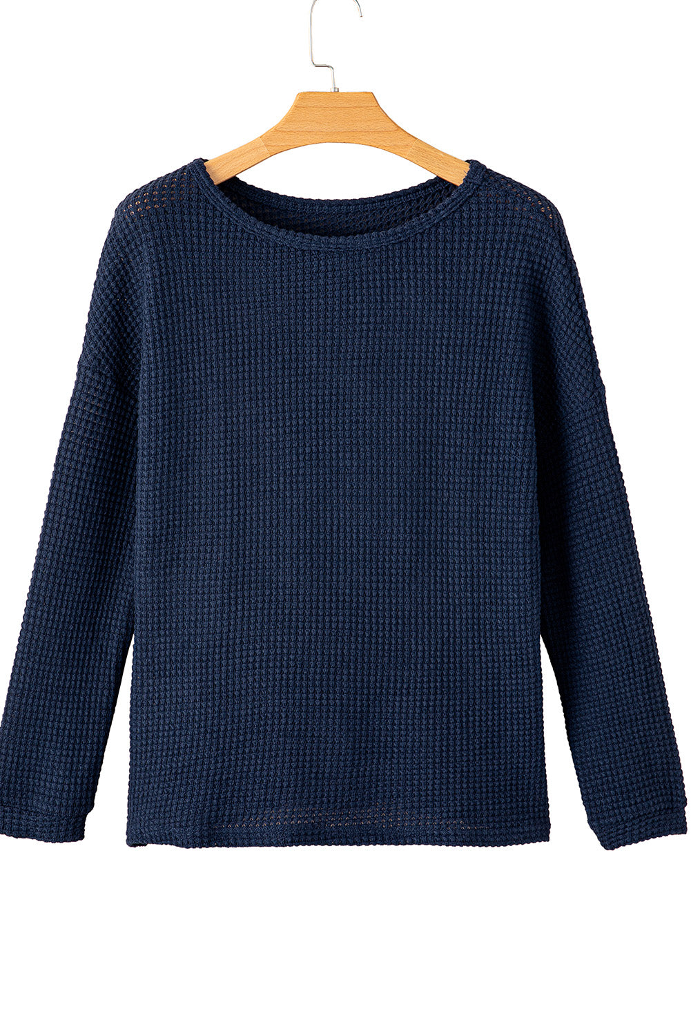 Navy Blue Waffle Knit Drop Shoulder Long Sleeve Top