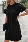 Dark Brown Contrast Lace Raglan Sleeve Pleated Detail Shift Dress