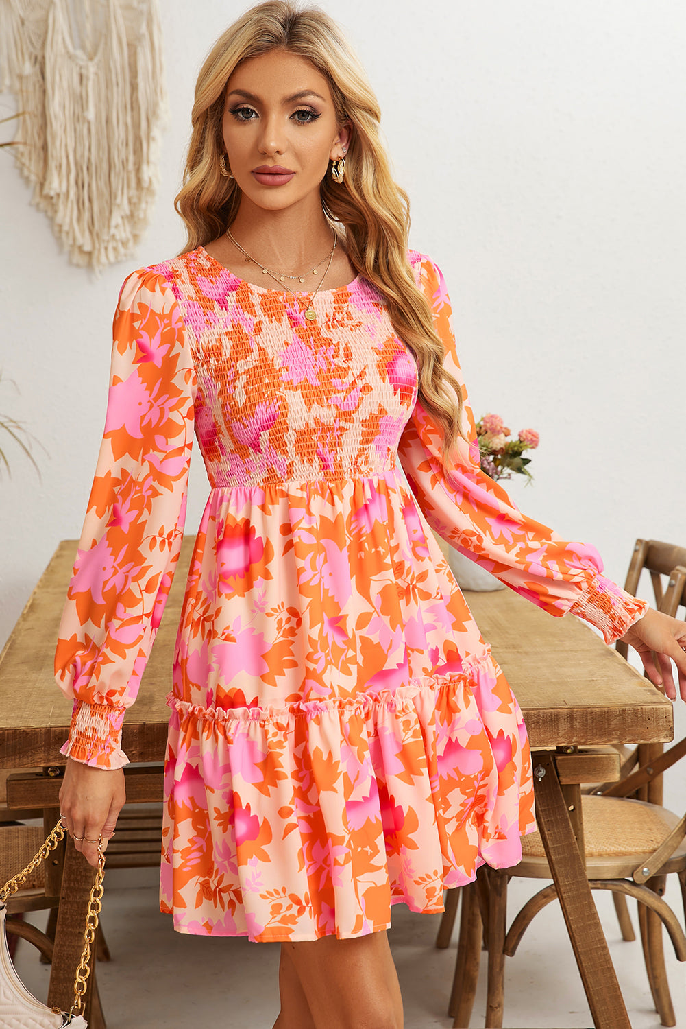 Orange Abstract Print Smocked Bust Lantern Sleeve Ruffle Mini Dress