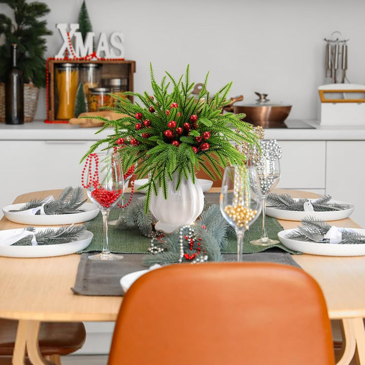 45 Pcs Christmas Artificial Pine Branches with Red Berry Stems, 10.5"