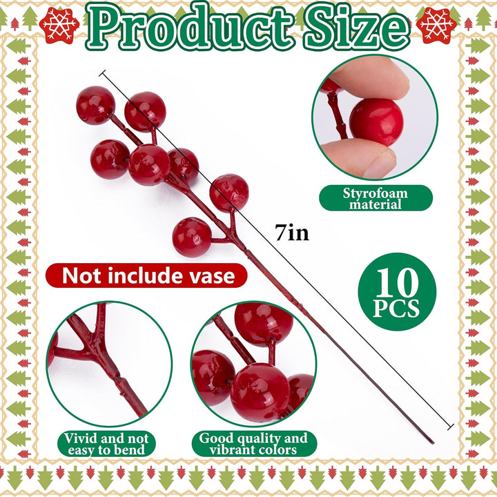 45 Pcs Christmas Artificial Pine Branches with Red Berry Stems, 10.5"
