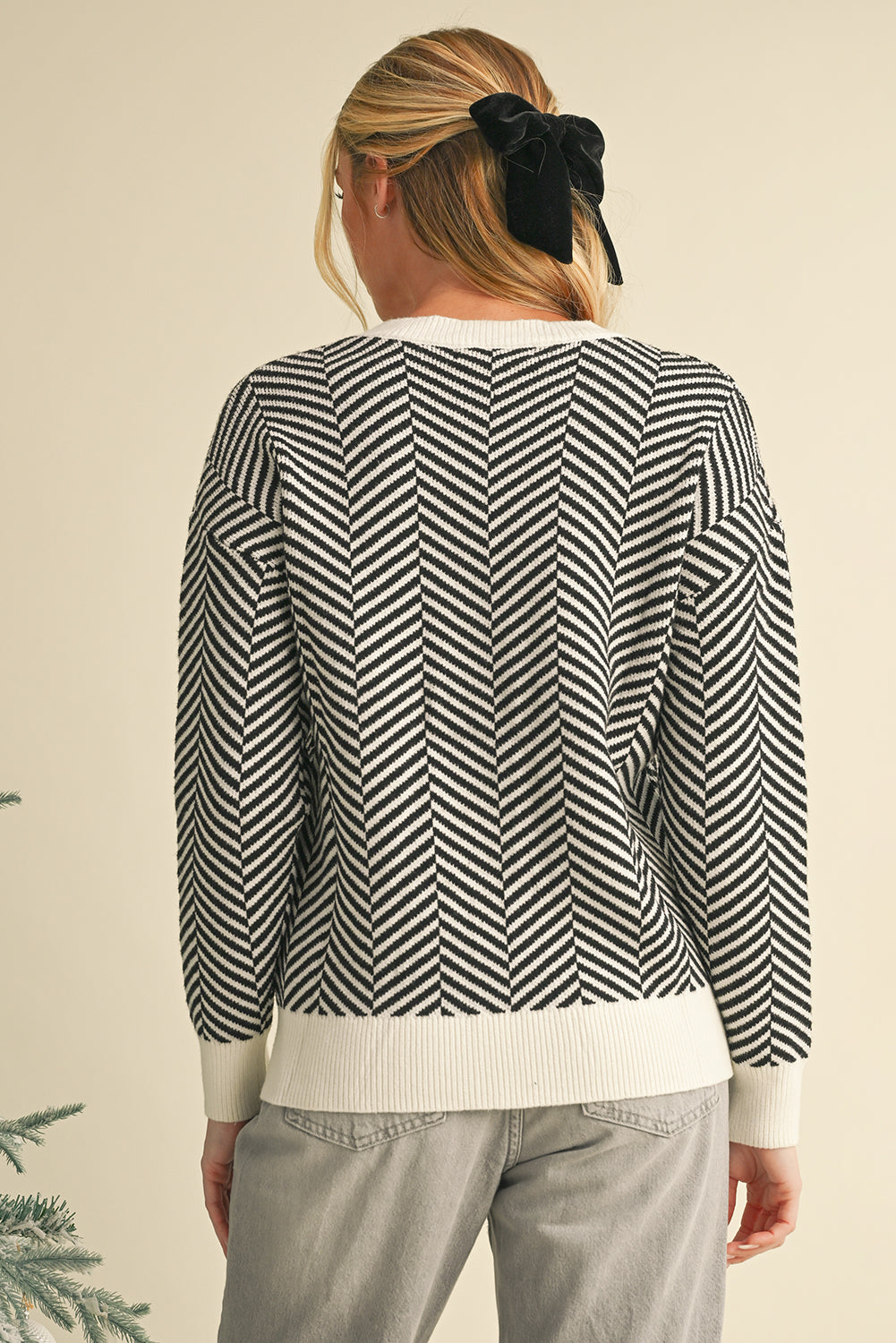 Coffee Stripe Contrast Edge Crew Neck Drop Shoulder Sweater