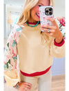 Beige Bowknot Print Patchwork Raglan Sleeve Top