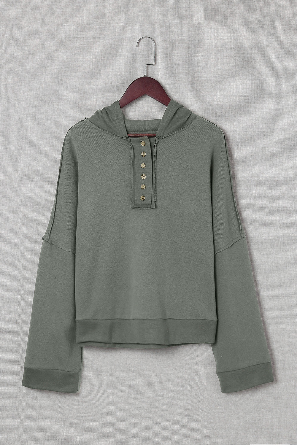 Khaki Solid Color Casual Button Seam Trim Hoodie