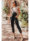 Black Faux Leather Smocked Waist Drawstring Cropped Pants