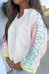 White Floral Colorblock Patchwork Notched Neck Long Sleeve Top