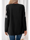 Black Lace Applique Zipper V Neck Long Sleeve Top