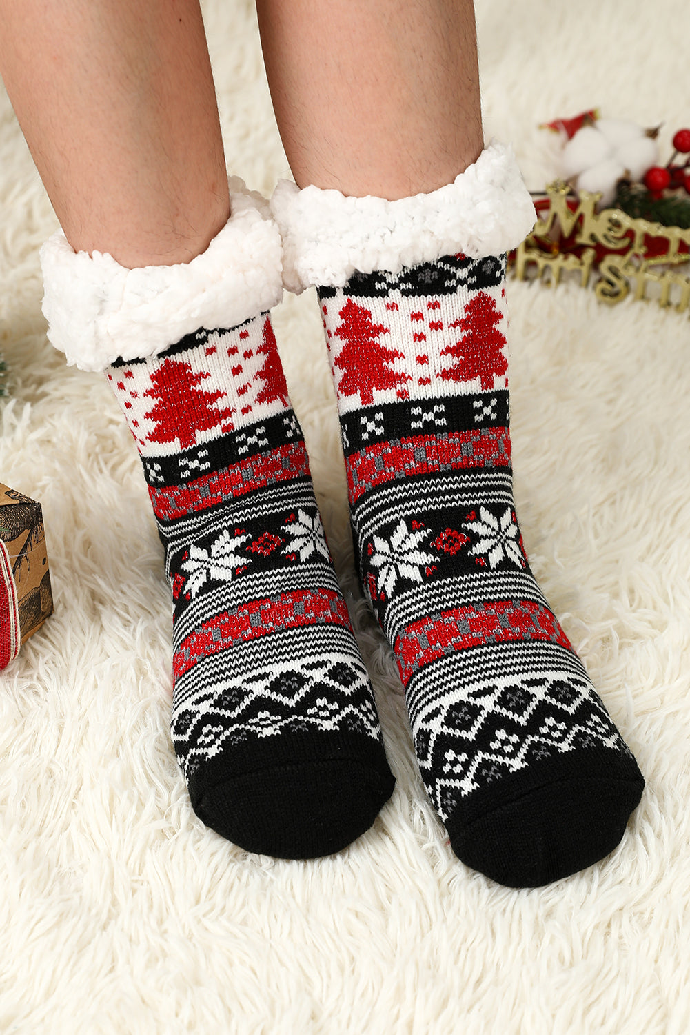 Red Christmas Reindeer Pattern Thermal Socks