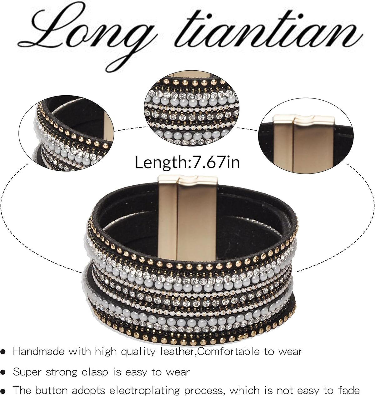 Gold Full Diamond Leather Wide Magnetic Buckle Bracelet