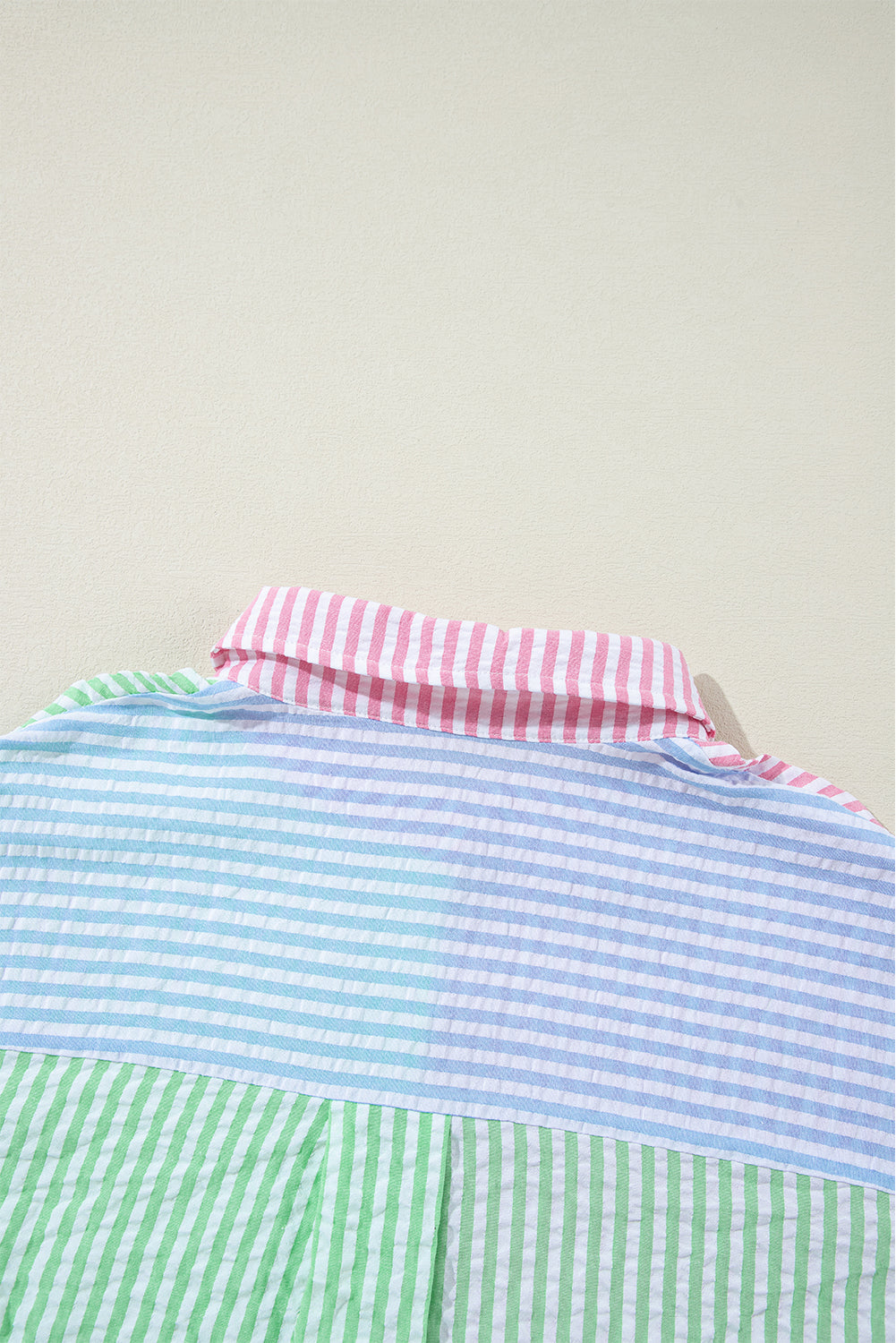 Pink Stripe Color Block Balloon Sleeve Button Loose Fit Shirt