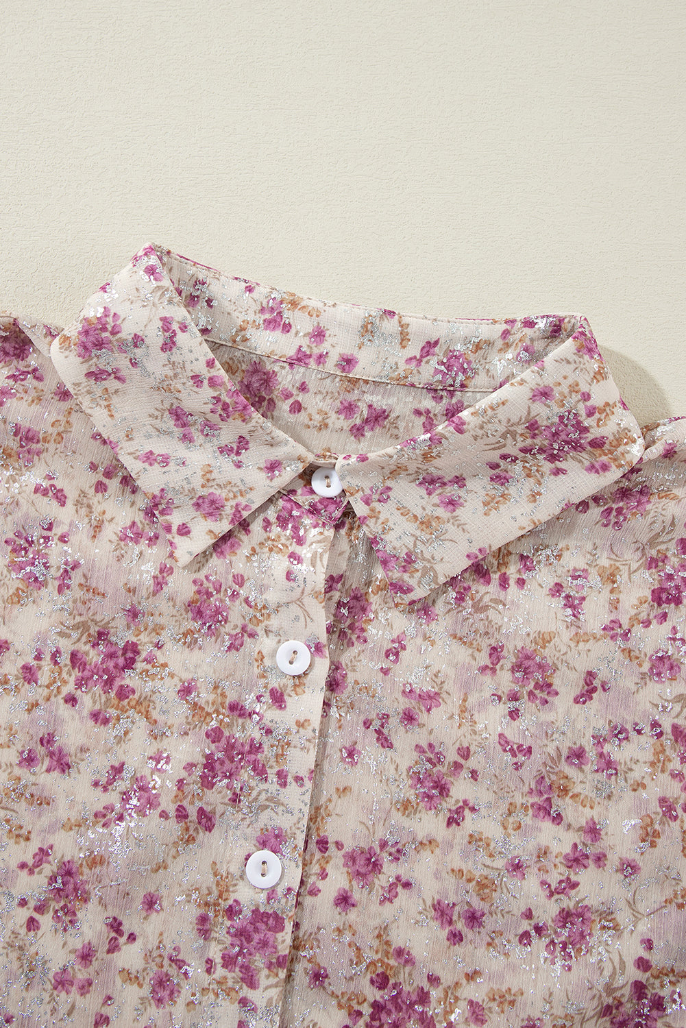 Pink Ditsy Floral Print Bishop Sleeve Collared V Neck Shirt