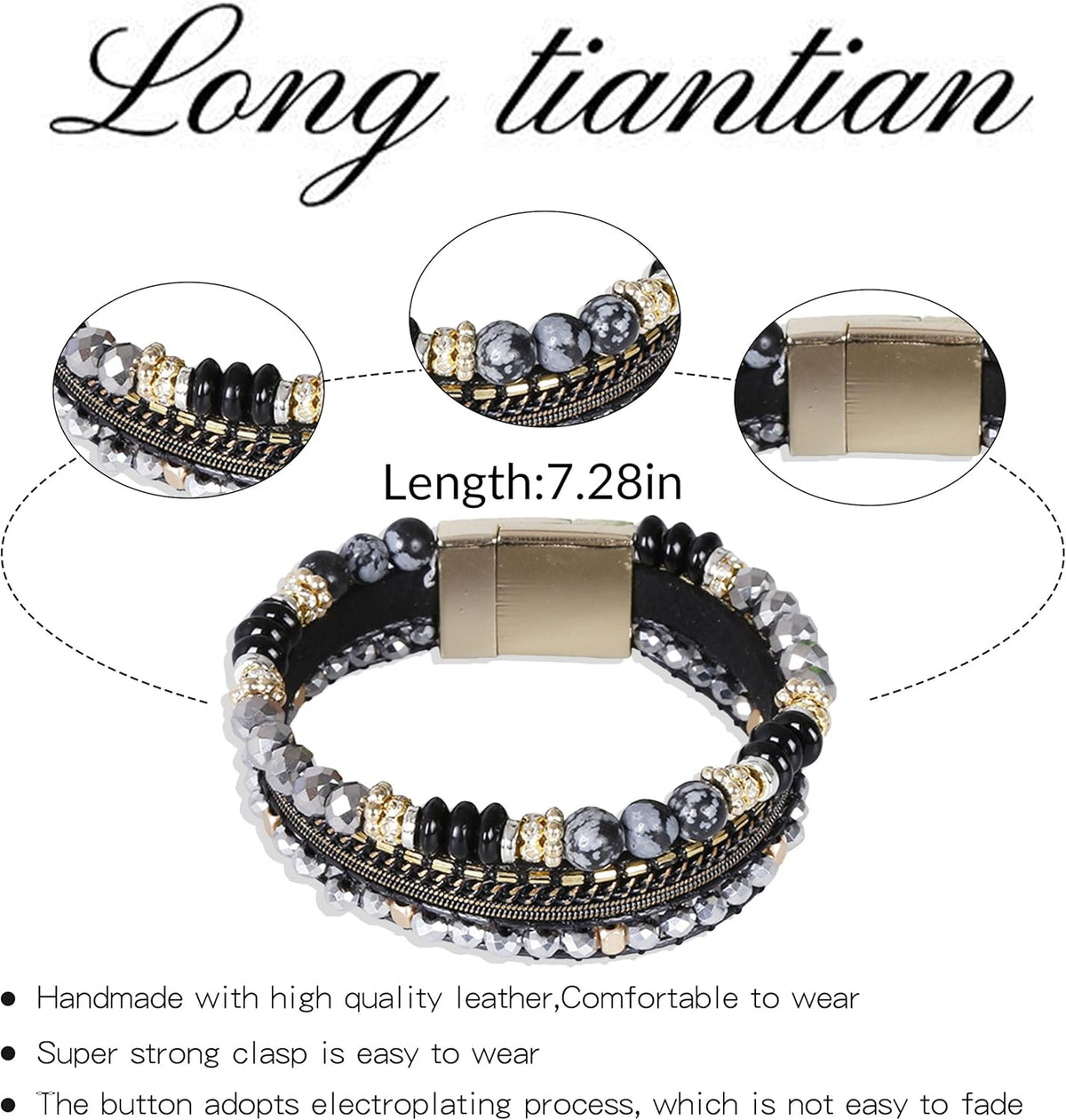 Gold Full Diamond Leather Wide Magnetic Buckle Bracelet