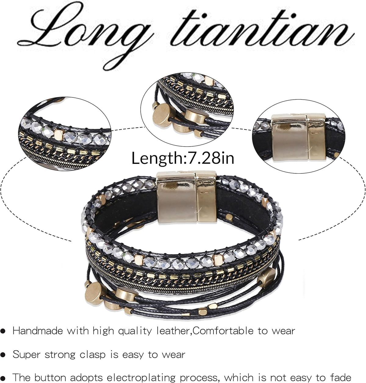 Gold Full Diamond Leather Wide Magnetic Buckle Bracelet