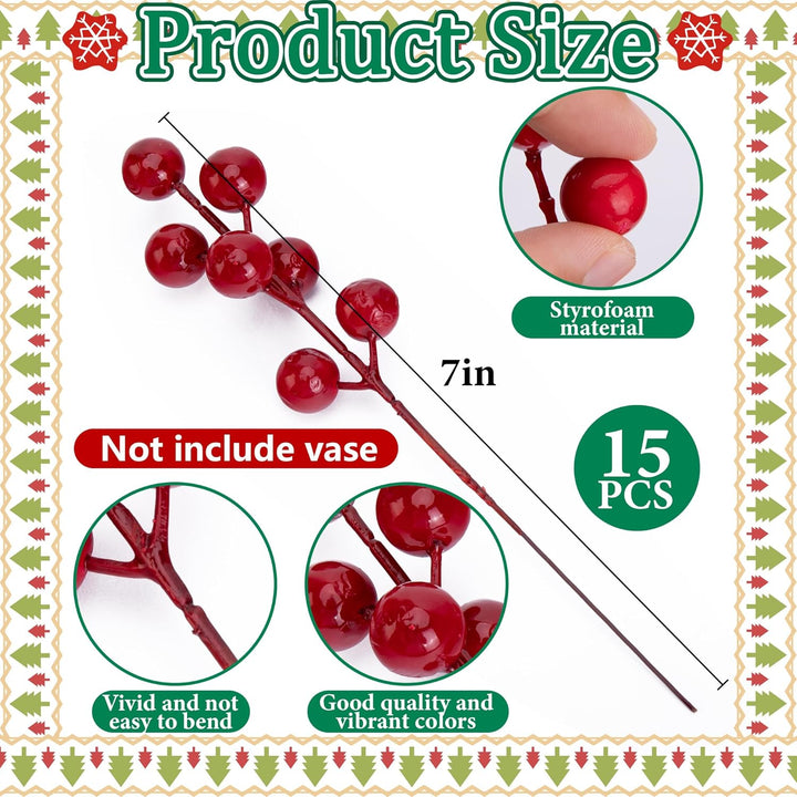 45 Pcs Christmas Artificial Pine Branches with Red Berry Stems, 10.5"