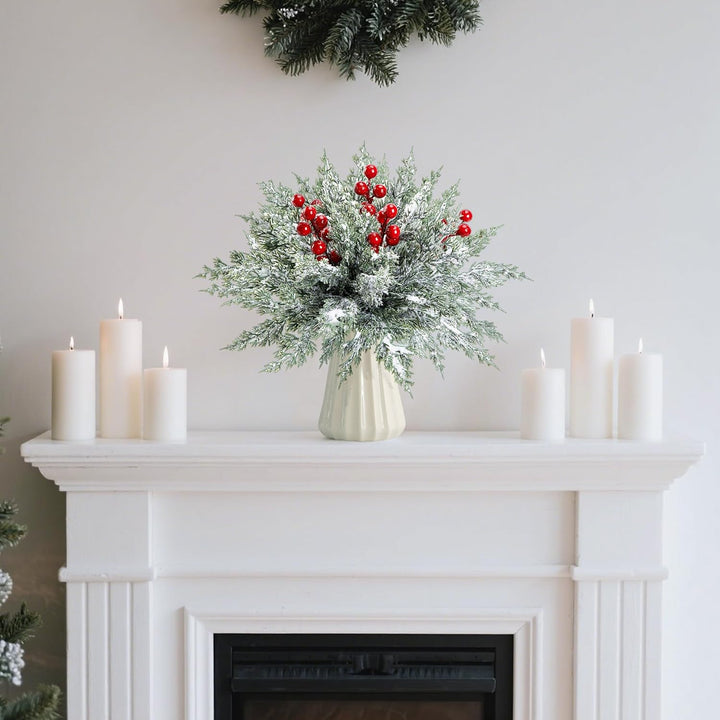 45 Pcs Christmas Artificial Pine Branches with Red Berry Stems, 10.5"