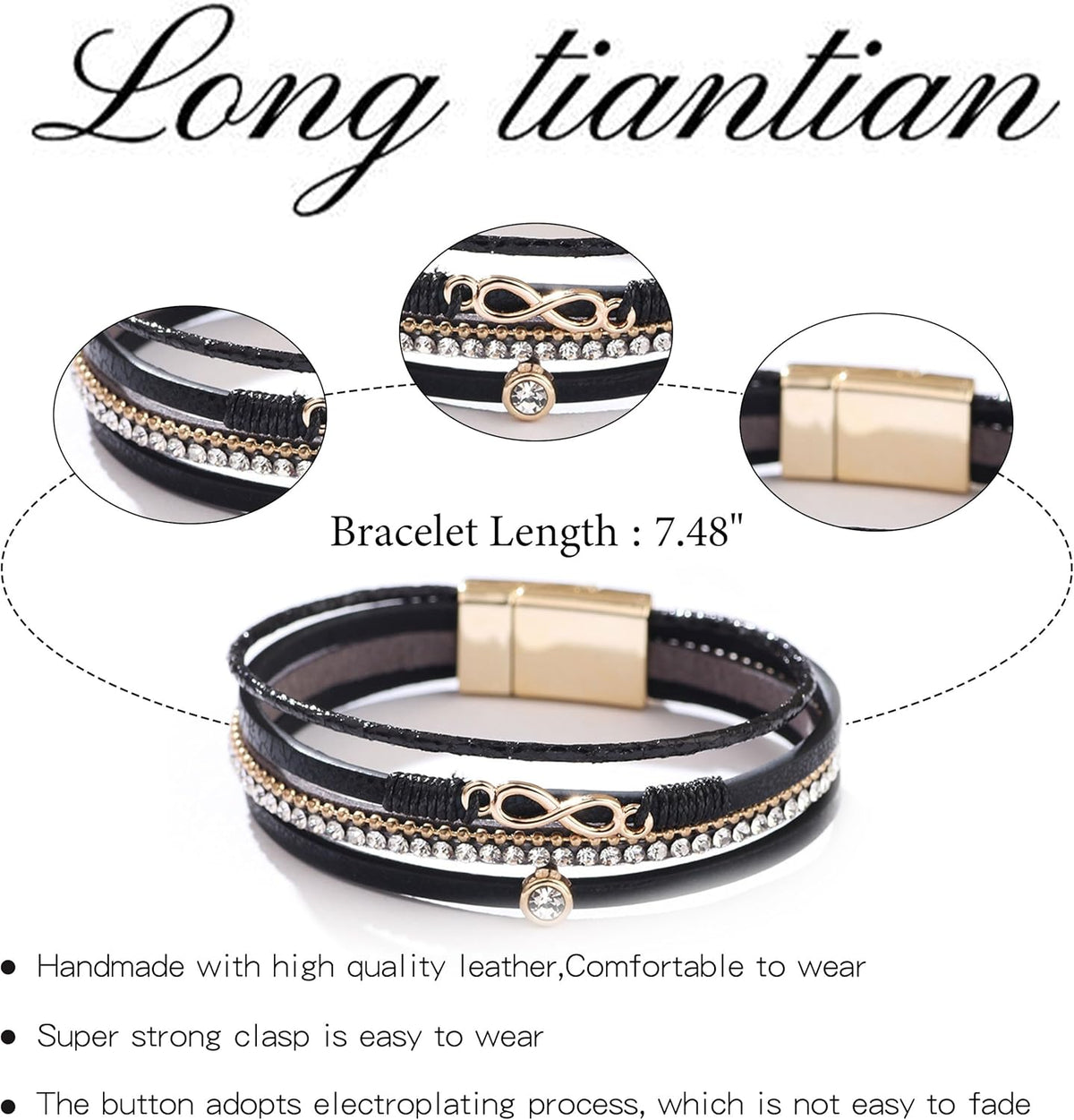 Gold Full Diamond Leather Wide Magnetic Buckle Bracelet