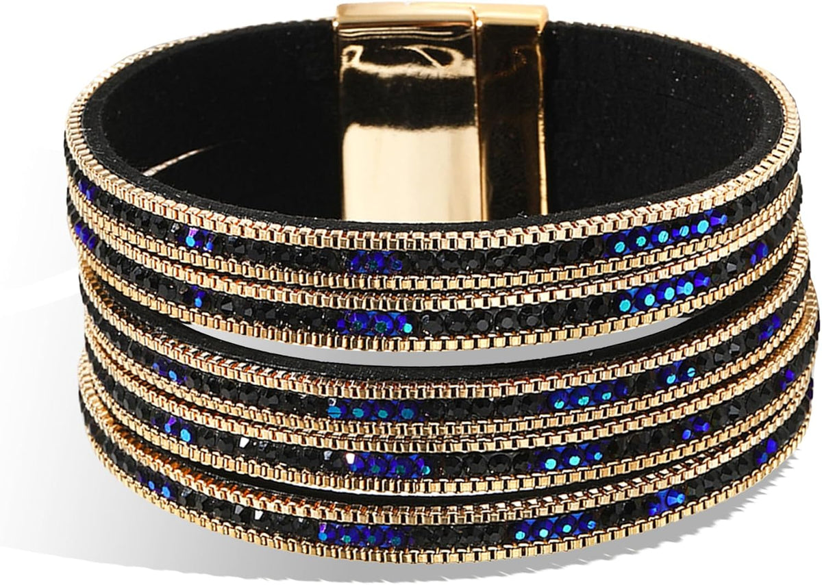 Gold Full Diamond Leather Wide Magnetic Buckle Bracelet