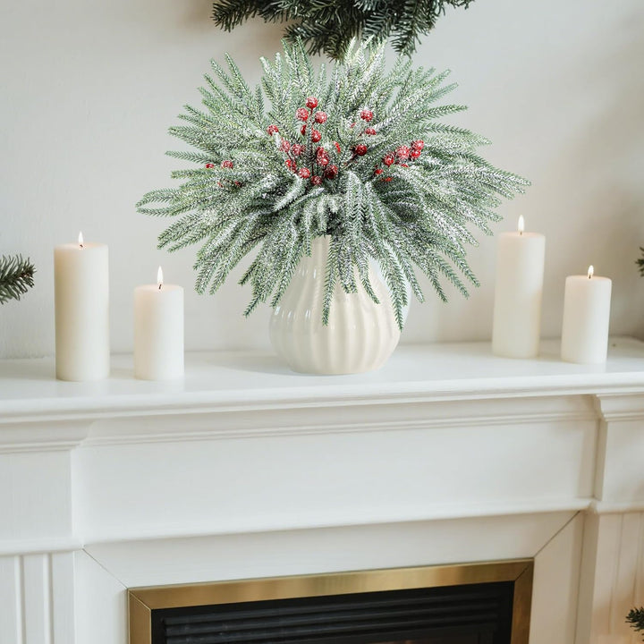 45 Pcs Christmas Artificial Pine Branches with Red Berry Stems, 10.5"