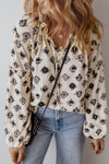 Frill Printed Tie Neck Long Sleeve Blouse - Cocoa Yacht Club