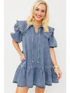 Dusk Blue Ruffle Collar Side Pockets Puff Sleeve Denim Mini Dress