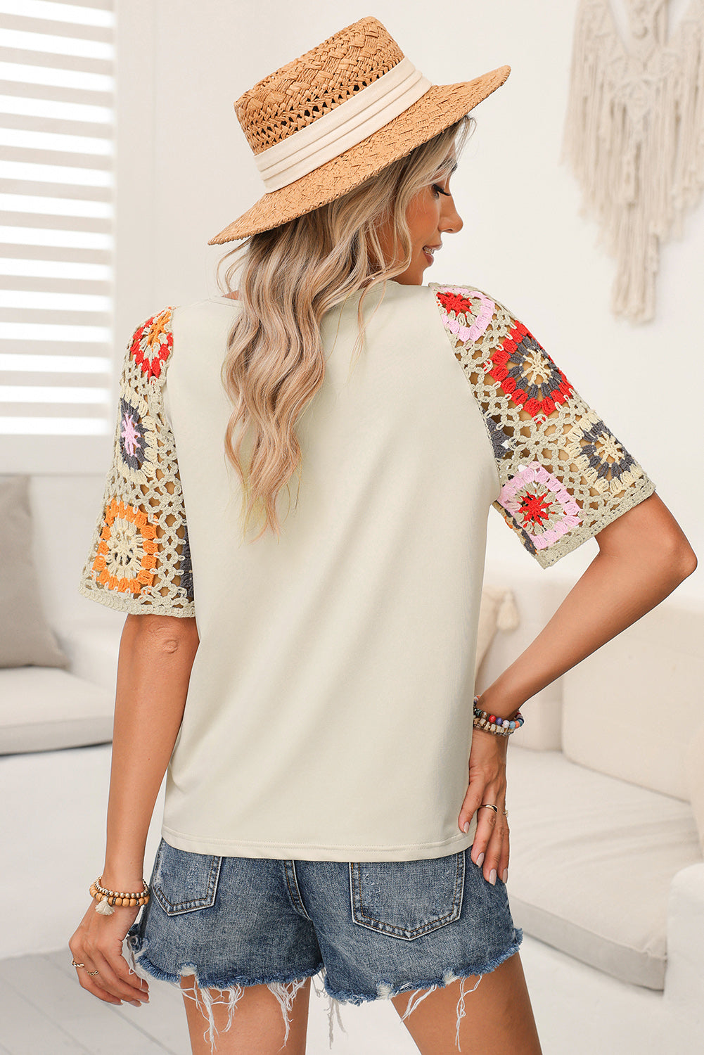 White Floral Hollowed Crochet Sleeve Boho T Shirt