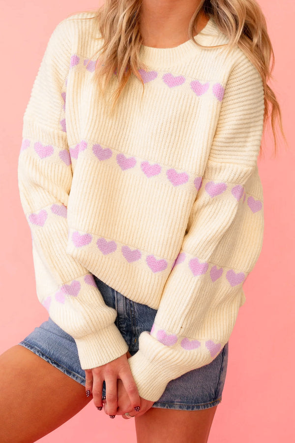 Pink Heart Pattern Ribbed Round Neck Knit Sweater
