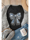 Black Rhinestone Bowknot Graphic Crewneck T Shirt