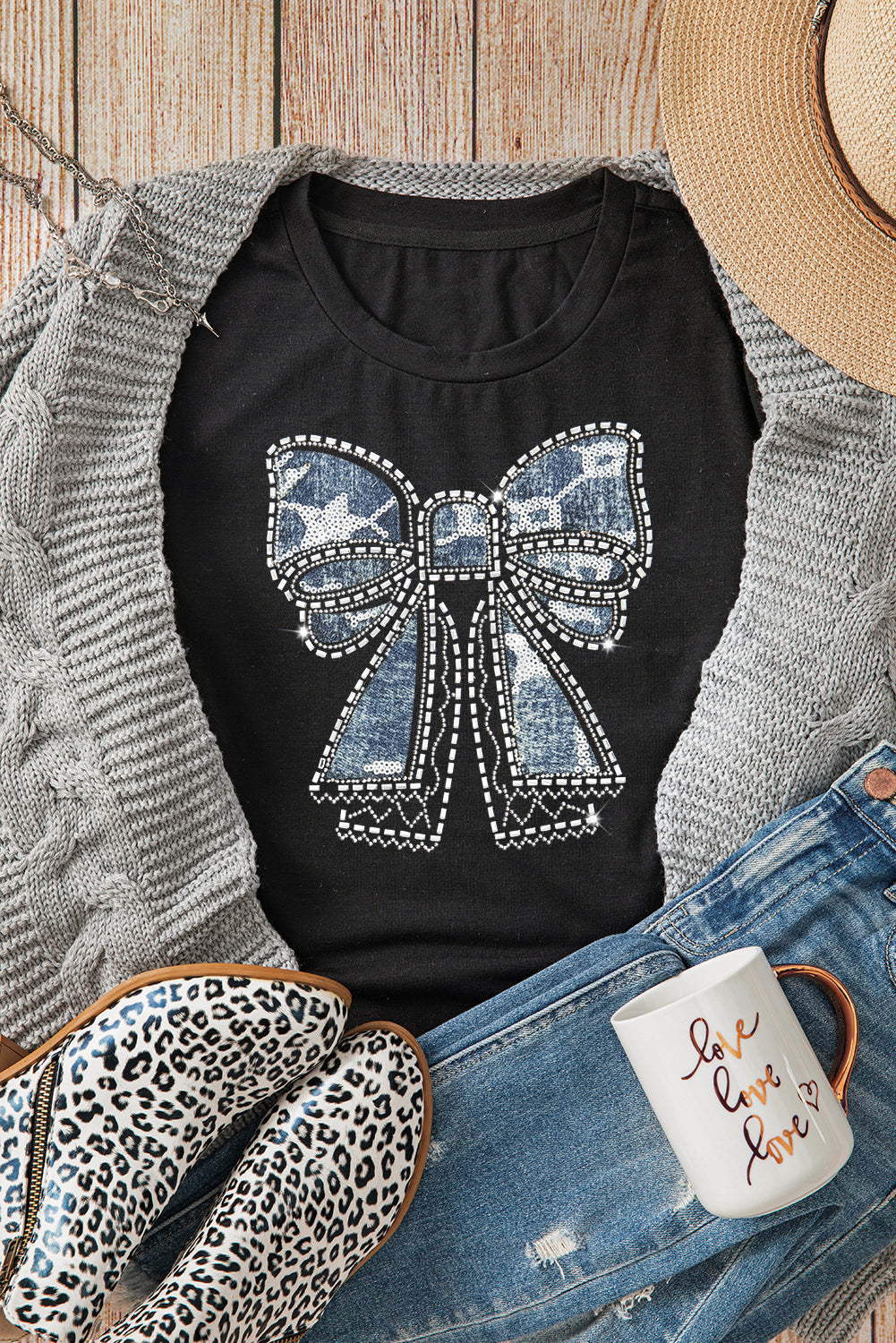 Black Rhinestone Bowknot Graphic Crewneck T Shirt