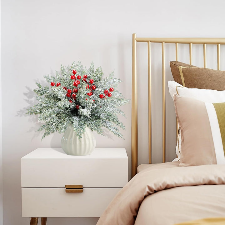 45 Pcs Christmas Artificial Pine Branches with Red Berry Stems, 10.5"