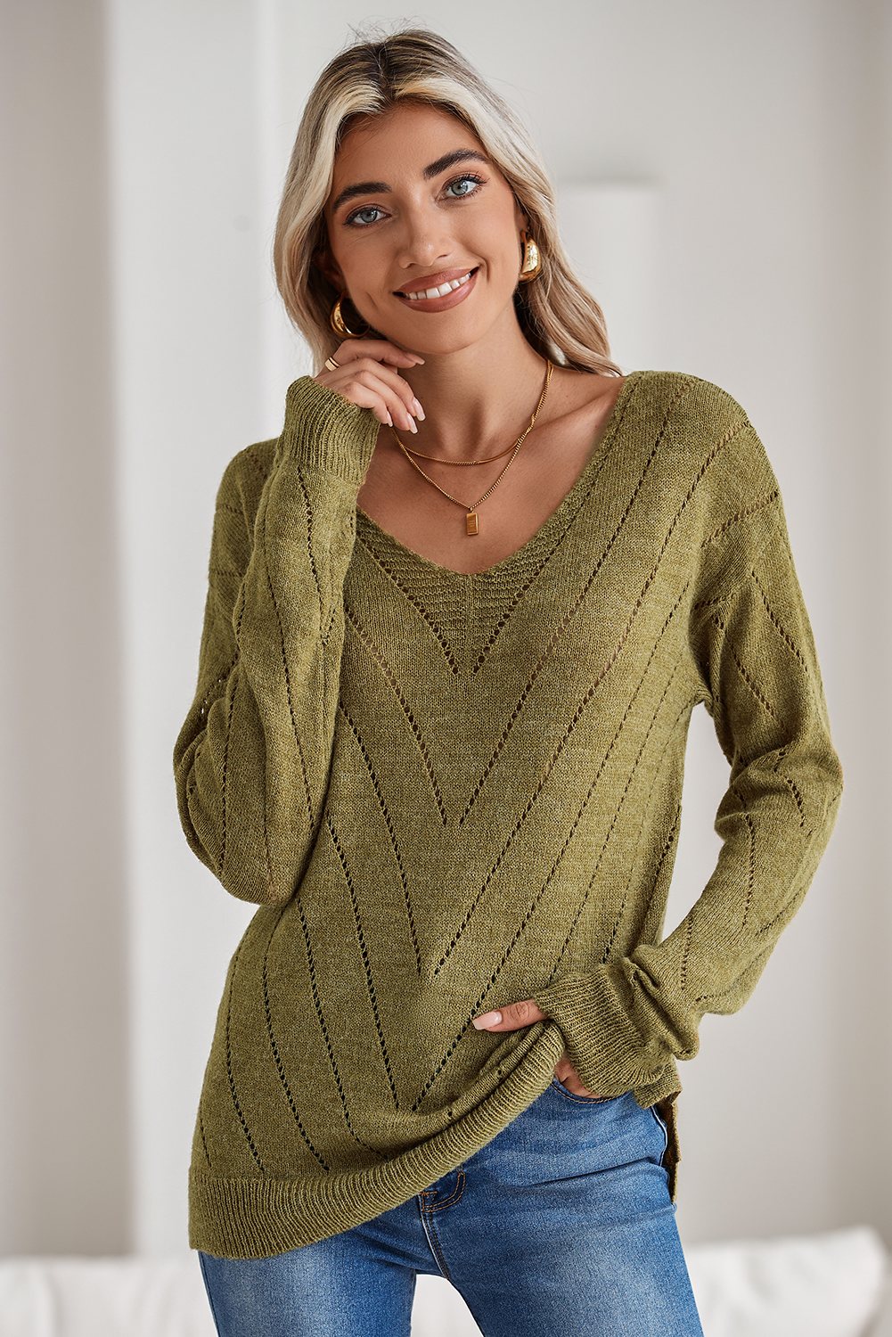 Sage Green Solid Eyelet Drop Shoulder V Neck Sweater