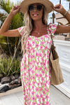 Pink Floral Print Square Neck Ruffled Strap Maxi Dress