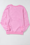 Pink Pearl Decor Ribbed Contrast Round Neck Sweatshirt