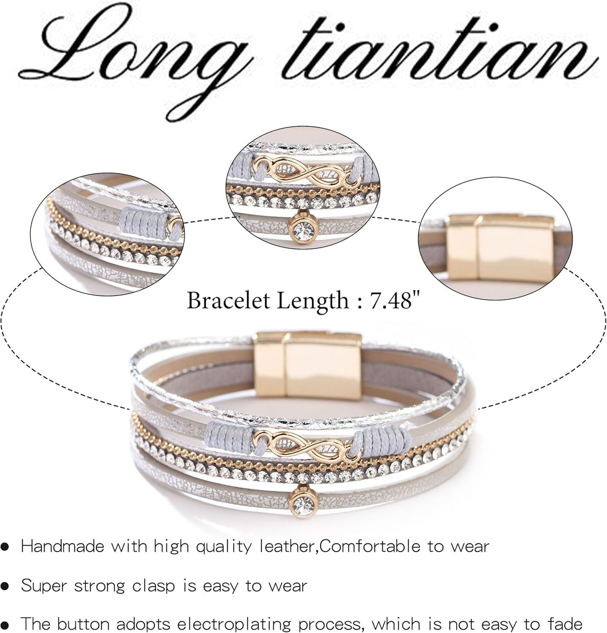 Gold Full Diamond Leather Wide Magnetic Buckle Bracelet